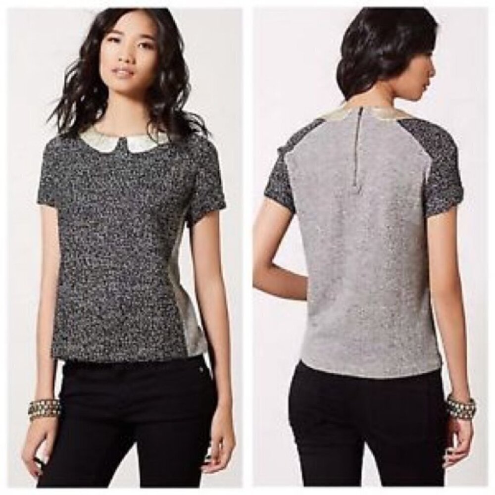 ANTHROPOLOGIE Postmark Black Gray Gold Peter Pan Collar Boxy Knit Shirt Small